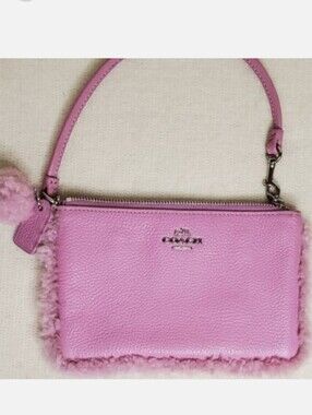 Coach Pink Genuine Leather Shearling-Trim Mini Handbag/Wristlet with Pom